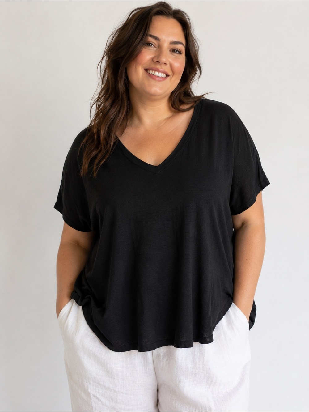 Cut Loose Black Cotton Linen V-Neck Top | Size XL